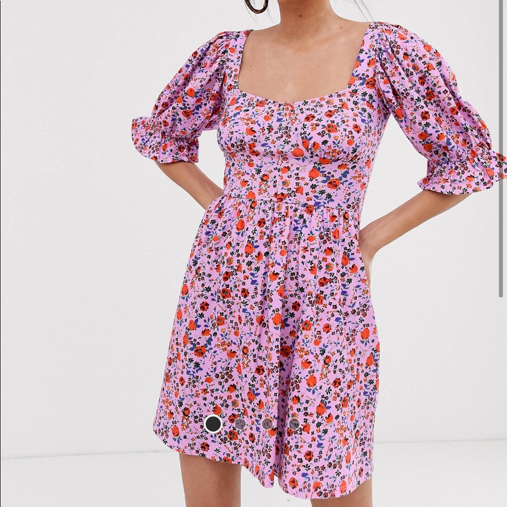ASOS design mini puff sleeve tea dress in bright ditsy
